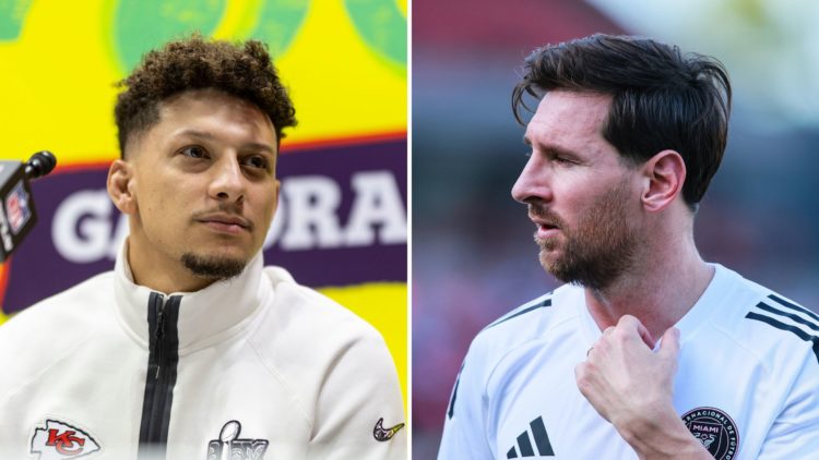 Split image of Patrick Mahomes and Lionel Messi.